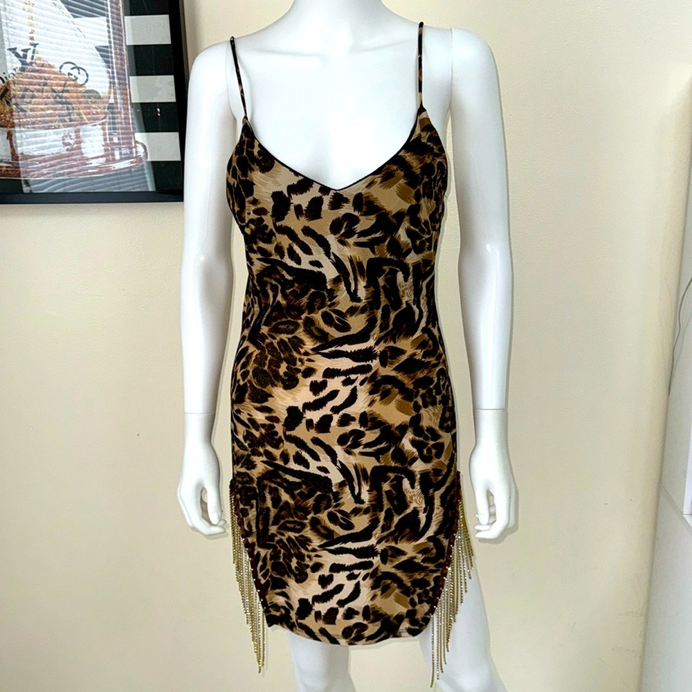 NWT Cheetah Spaghetti strap Cutout  Gold Rhinestone Dress MadRag Kimcine Curve